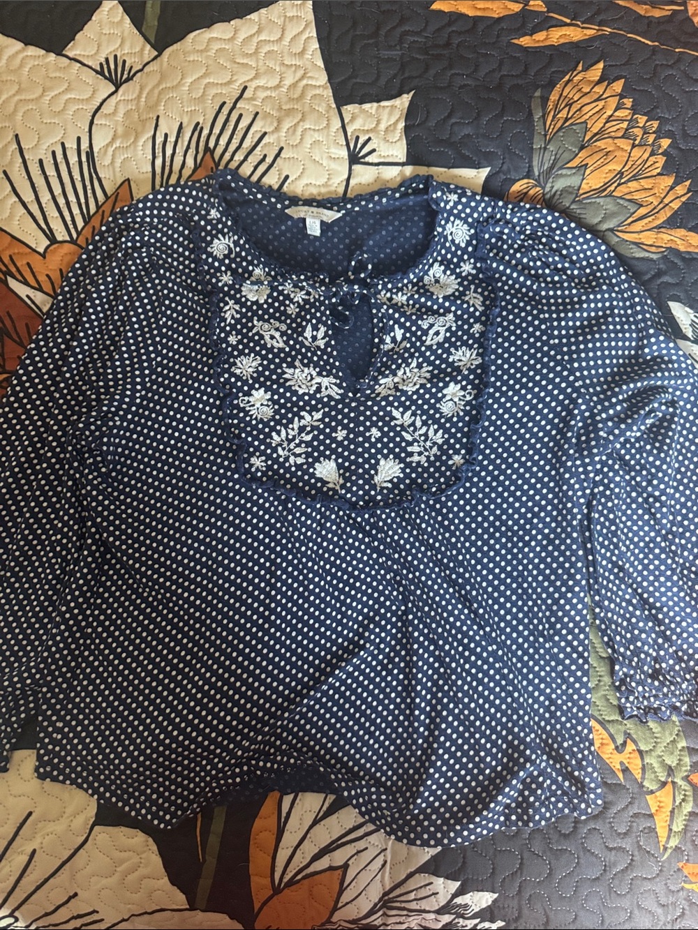 Lucky Brand Navy Polka Dot Embroidered Peasant Blouse